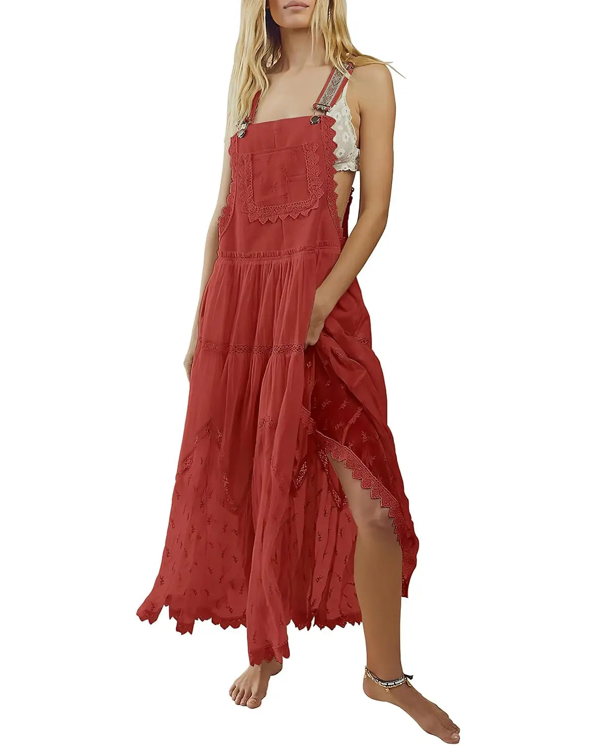 CHOUYATOU Women's Bib Pinafore Jumper, Vintage Style with Embroidered Lace and Mesh Tulle Hem, Loose Fit Ankle-Length with Adjustable Straps, Polyester, Breathable, Lightweight, Casual Wear, Flared, Fabric, Pocket, Basic, Bohemian, Beachwear, Fashion Appa