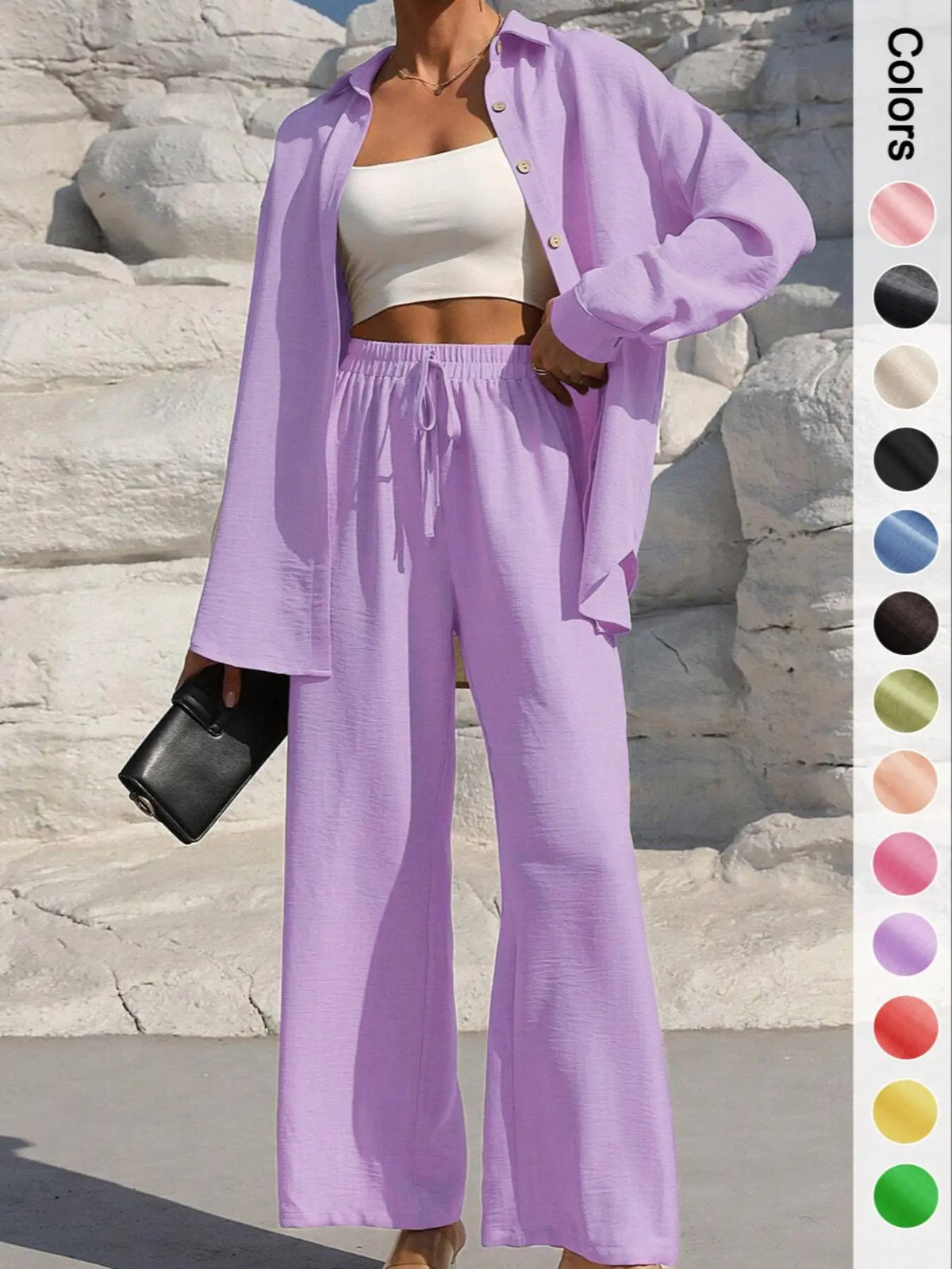 Women's Solid Button Front Shirt & Tie Front Wide Leg Pants Two-piece Set, Casual Drop Shoulder Long Sleeve Top & Trousers 2 Piece Set for Spring & Fall, Women's Clothes for Daily Wear, Casual Outfits Women, Casual Everyday Set