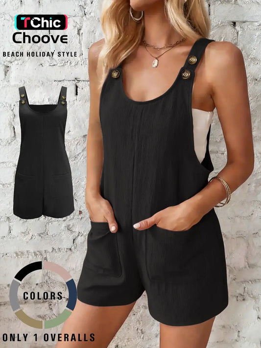 Women's Casual Basic Plain Minimalist Sleeveless Strappy Fashion Casual Overalls with Adjustable Buttons and Two Patch Pockets, Short Fitted Design, Perfect for Daily Wear and Beach Holidays, Womenswear