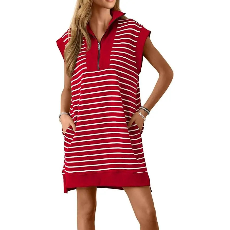Wenrine Women's Striped Knit Mini Dress - Collared V-Neck, Cap Sleeve, Loose Fit, Zipper Detail, Summer Lady Clothing, Formal & Casual Wear, Do Not Dry Clean