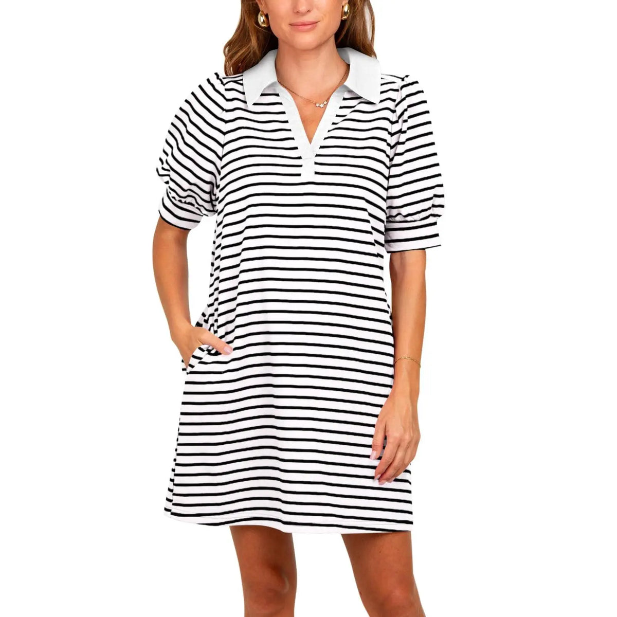 Imily Bela Women's Summer Lapel Collared V Neck Striped Dress Casual Puff Short Sleeve Polo Tshirt Dresses with Pockets