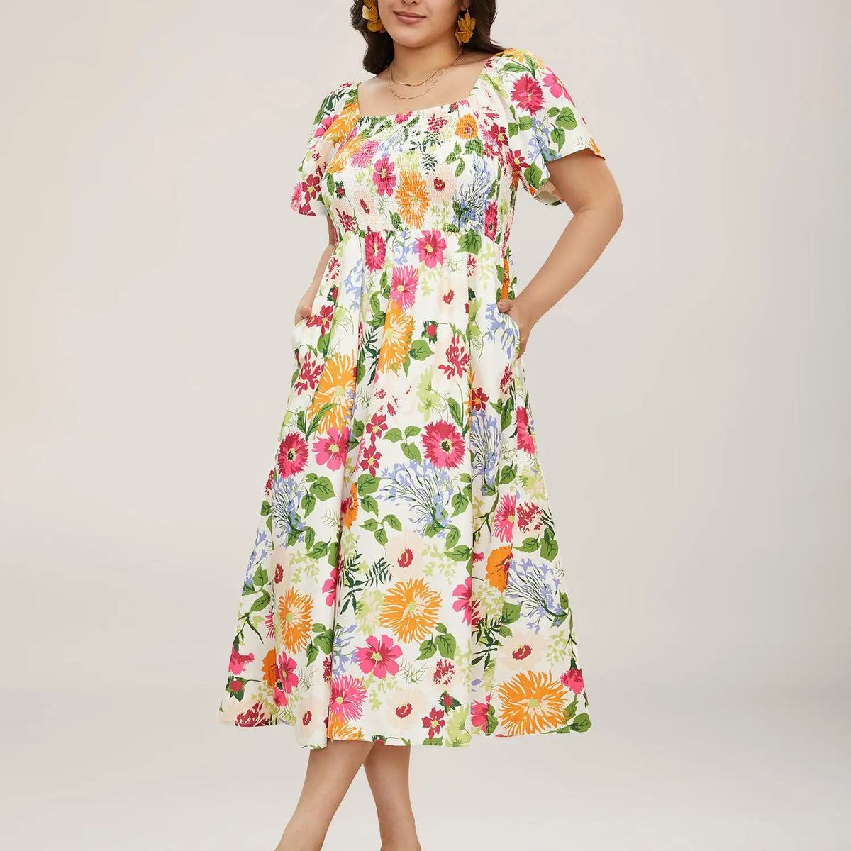 BloomChic Plus Size Women's Bohemian Boho Fashion Casual Dress - Square Neck, Short Ruffle Sleeves, Shirred Waist, Low-Iron Spandex-Elastane-Polyester Fabric, Summer Midi Dress