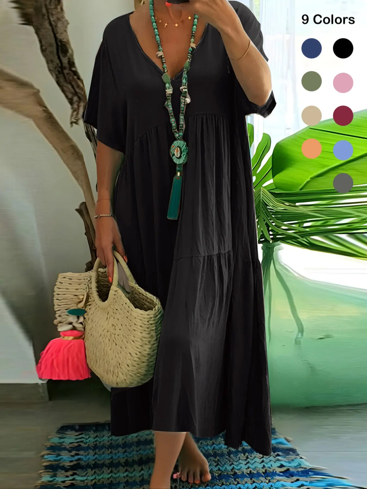 Plus Size Women's Summer Casual Loose V-Neck Plain Long Dress Bohemian Boho Style, Short Sleeve, Tiered Layer, Spring & Fall Fashion