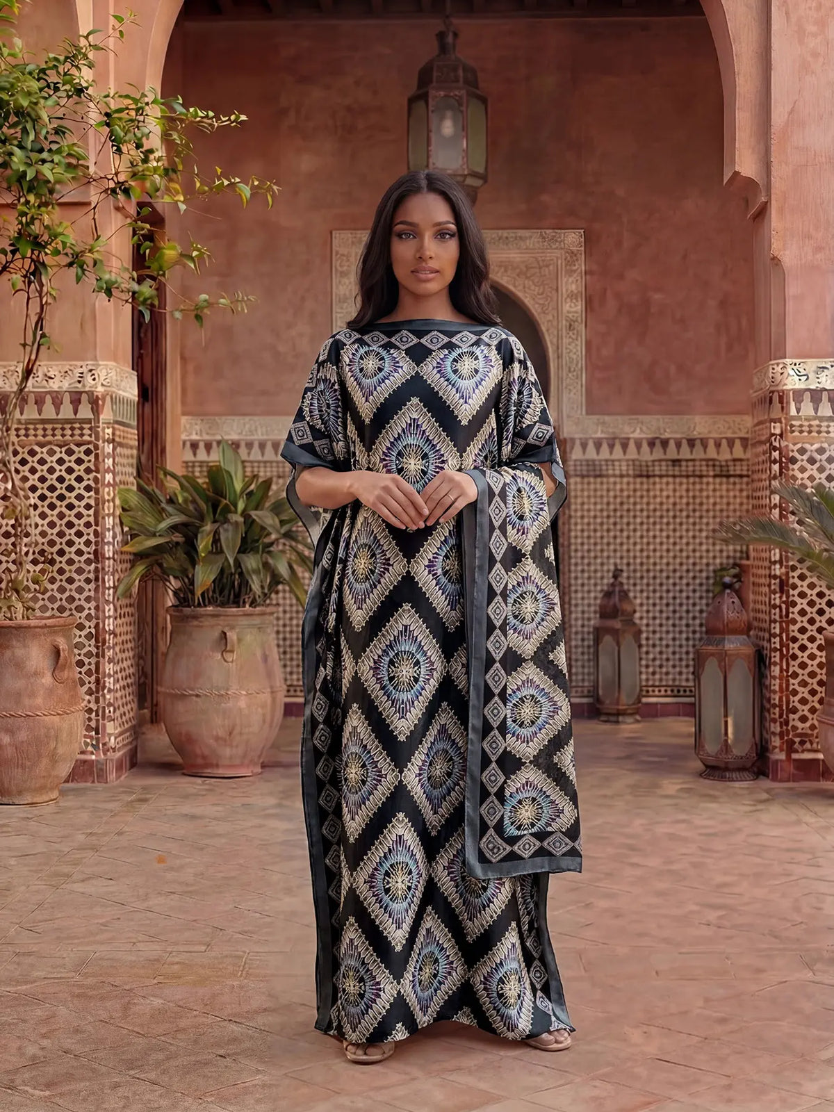 Elegant Dopamine Color Set, Boho Summer Chain Print Muumuu Long Dress Robe, Women's Sun Protection Satin Scarf Shawl