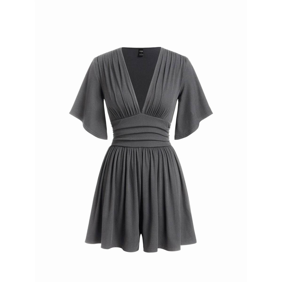 Cider Textured V-neck Ruched Mid Rise Bell Sleeve Ribbed Fabric Romper with Pockets Womenswear Basic Minimalist Jumpsuit