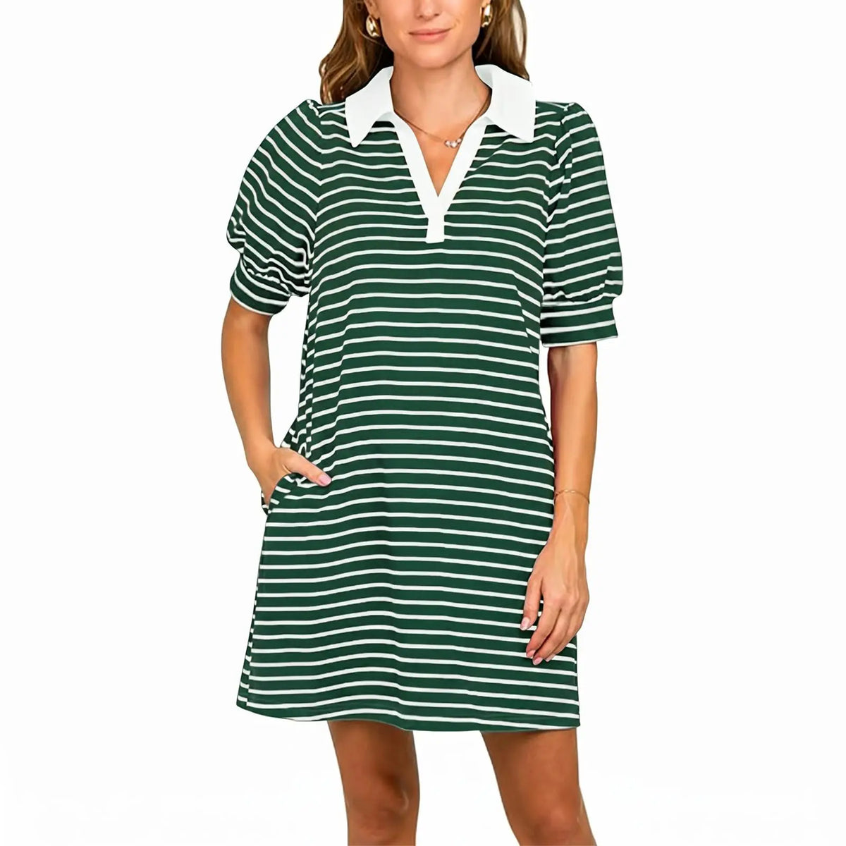 Imily Bela Women's Summer Lapel Collared V Neck Striped Dress Casual Puff Short Sleeve Polo Tshirt Dresses with Pockets