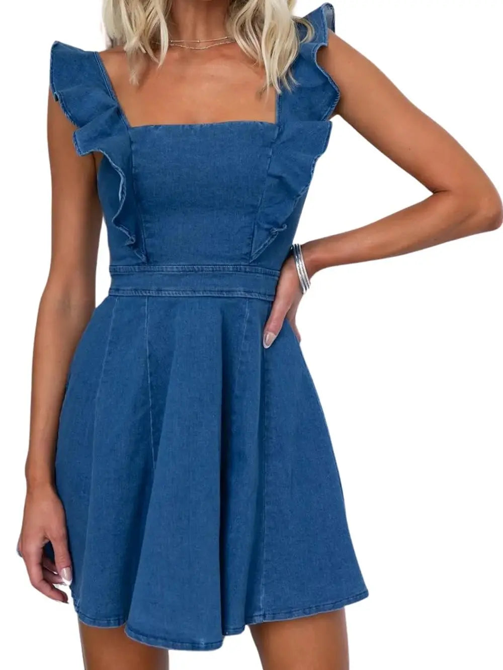 utcoco Women's Sexy Strappy Denim Babydoll Mini Dress - Sleeveless, Backless, Ruffled Trim, Adjustable Straps, Customized, Stylish Women's Wear, Night Out Clothes, Concert Wear, Summer Casual Apparel, Girly Feminine Items