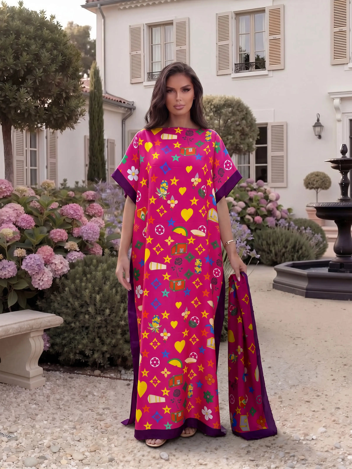 Fashionable Elegant Full-Body Print Robe Set, Moo Moo Long Dress + Headscarf Scarf, Women's Beach Sun Protection Silk Shawl, Beachy Style