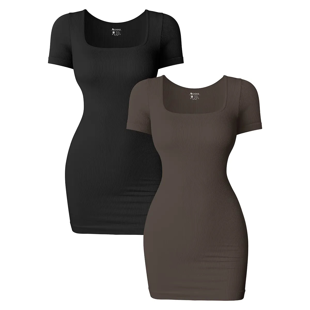 OQQfitness Women's Basic Bodycon Stretch Mini Dress - Stretchy Fitted Rib Knitting Square Neck Short-Sleeve, Soft Nylon, Non-See-Through, Minimalist Casual Summer Clothes for Women, Business Wear