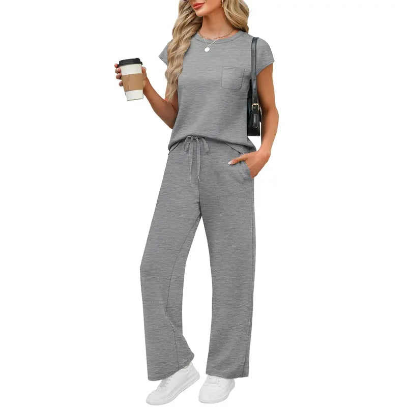 OFEEFAN Womenswear 2 Piece Sets for Women Casual Summer Travel Vacation Outfits Cap Sleeve Lounge Set Chic Crewneck Soft Silky Breathable Clothes