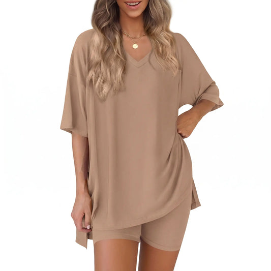 Women's 2 Piece Outfits Summer V Neck Oversized Short Sleeve T Shirt and Biker Shorts Lounge Sets Casual Activewear Tracksuits