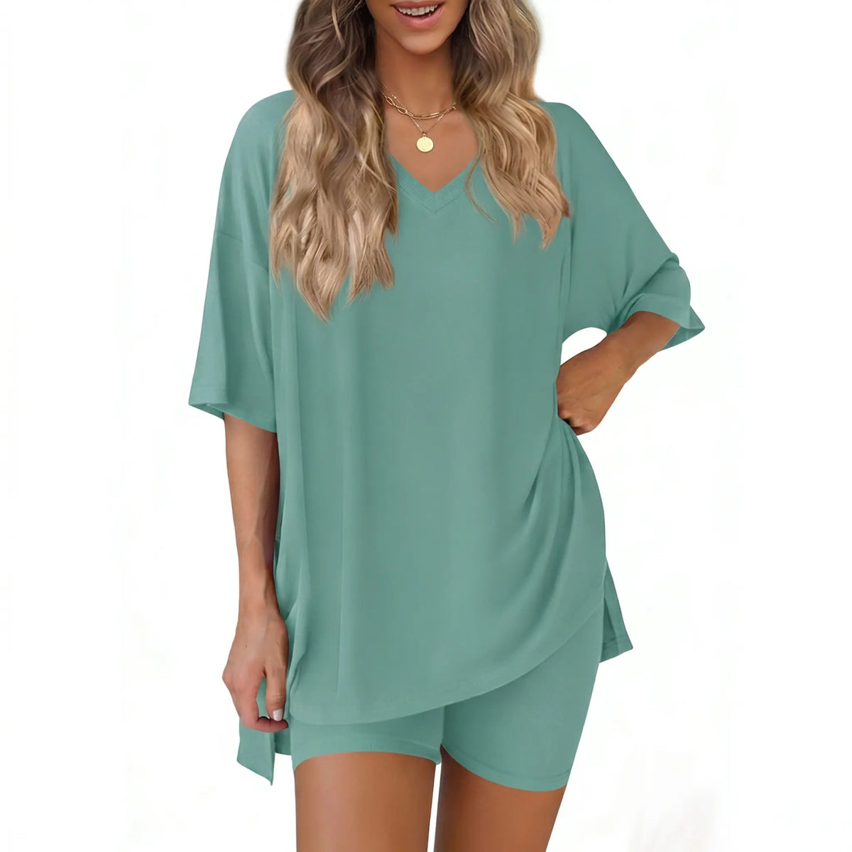 Women's 2 Piece Outfits Summer V Neck Oversized Short Sleeve T Shirt and Biker Shorts Lounge Sets Casual Activewear Tracksuits