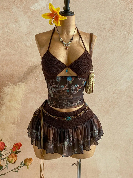 Women's Retro Vintage Paisley Print Crochet Two-Piece Set, Bohemian Boho Halter Crop Top & Ruffled Midi Skirt with Mesh Detail, Y2K Ethnic Style, for Casual, Vacation & Date, Spring/Summer/Fall