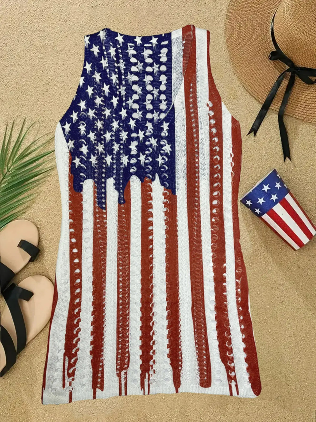 Women's American Flag Pattern Hollow Out Split Thigh Tank Dress, Star & Striped Print Scoop Neck A Line Dress for Summer, Fashion Chic Women's Dress for Beach Holiday, Sleeveless Cutout Dress