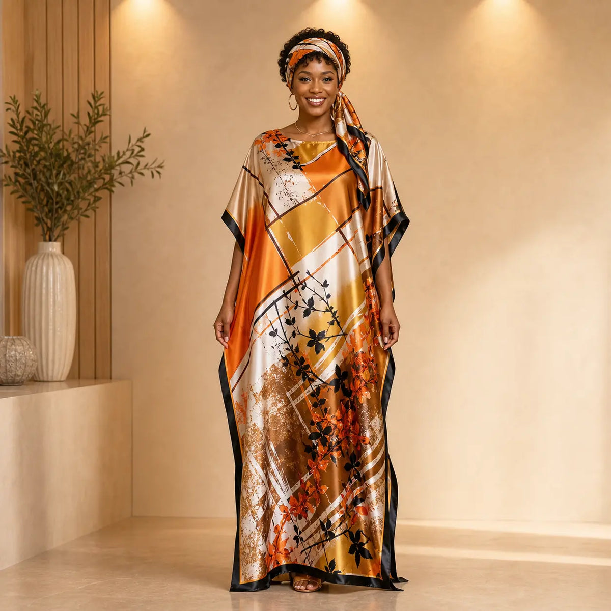 【MOOMOO】Women's Elegant Floral Print Polyester Moo Moo & Matching Scarf Set - Multicolor, Lightweight Boho Loose-Cut Cape Cover Up, Female Swimwear Accessory, 2-Scenario Use (Beach, Loungewear), All Seasons Casual, Fabric Style 03, Sohochic
