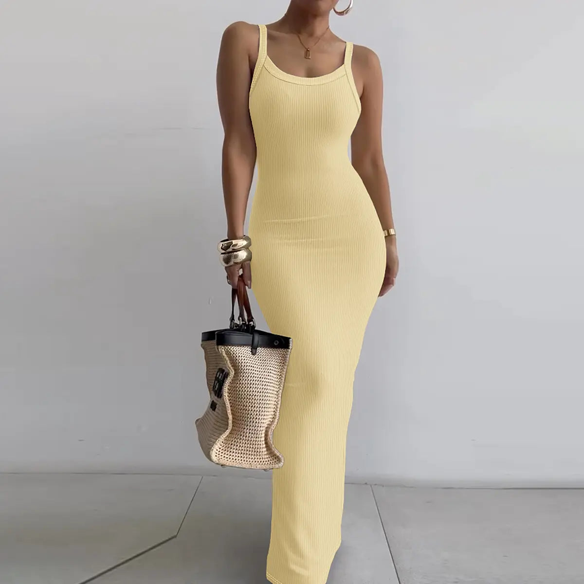 CHICME Women Spaghetti Strap U-Neck Casual Maxi Dresses Slim Fit Cami Dress/Elegant Solid Color Cami Lounge Dress Party Club  Bodycon Dress