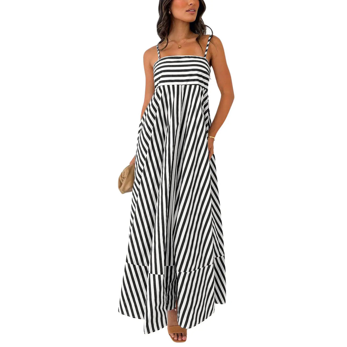 Chouyatou Women's Summer Striped Spaghetti Strap Maxi Dress Bohemian Style Casual Backless Elastic Dress Thin Strap Loose Long Dress