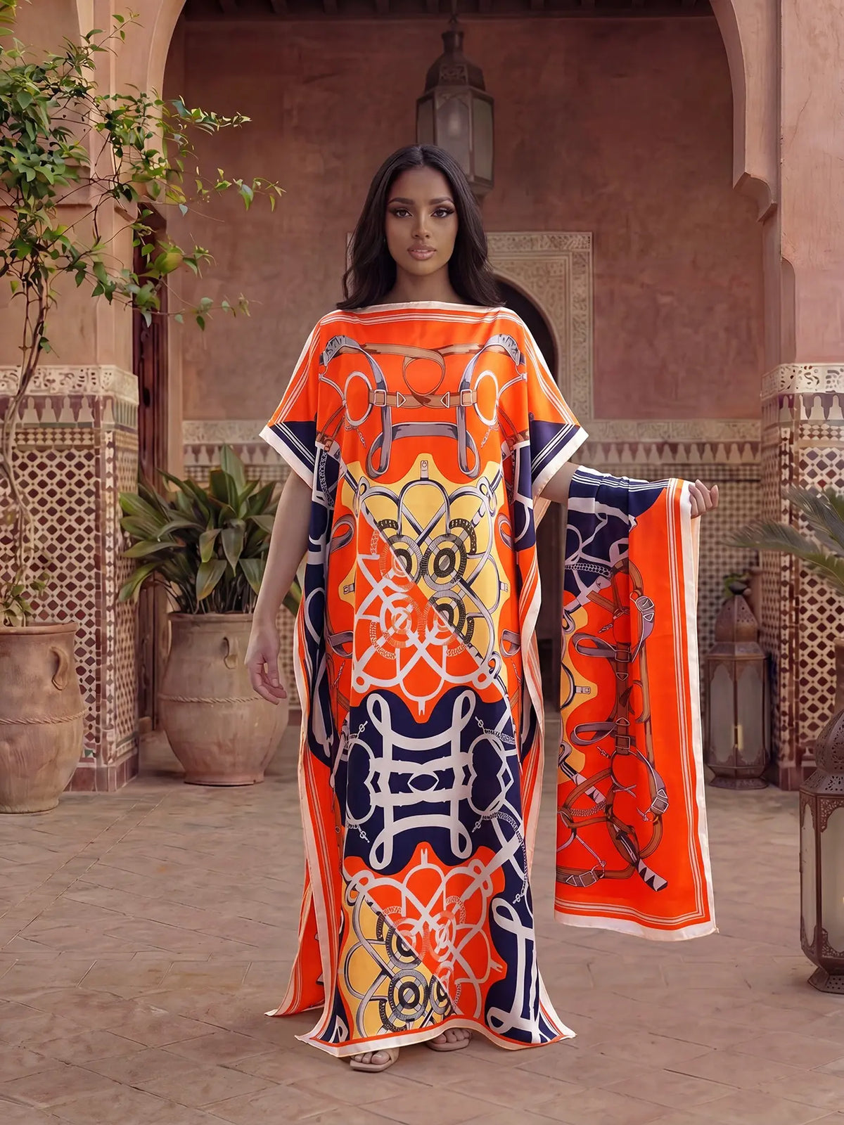 Elegant Dopamine Color Set, Boho Summer Chain Print Muumuu Long Dress Robe, Women's Sun Protection Satin Scarf Shawl