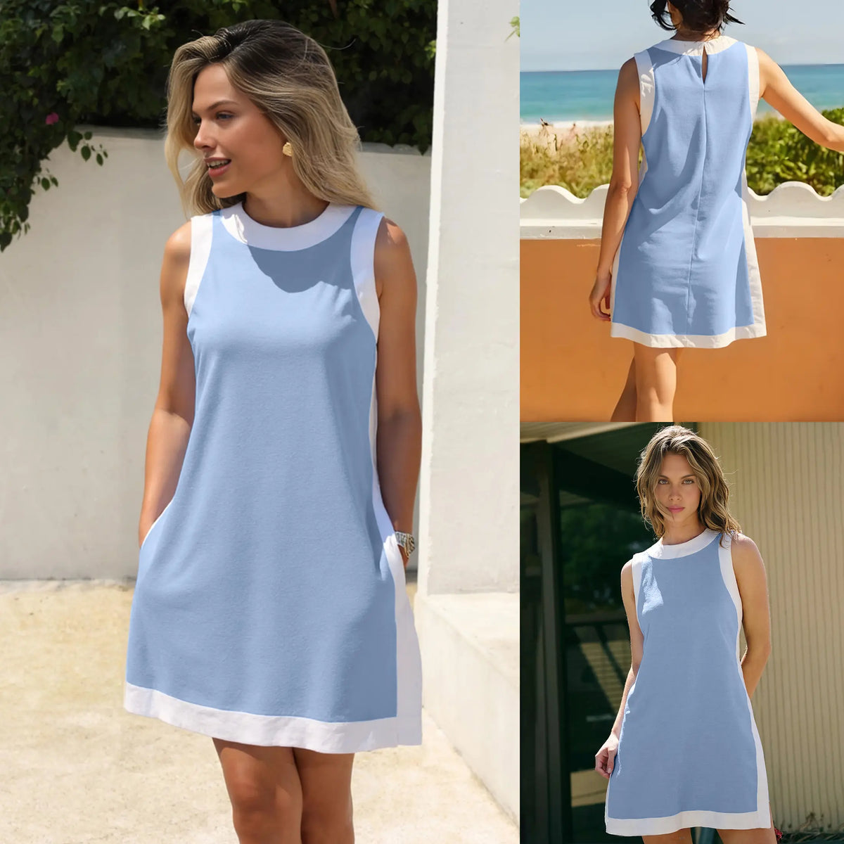 SCUSTY Women's Casual Summervibes Two Piece Sets Color Block Crewneck Sleeveless Pullover Tops Matching Shorts With Pockets 4th of July Independence Day Outfit