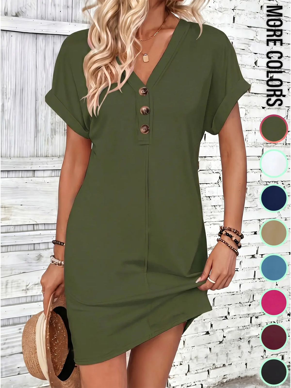 Women's Plain Button V Neck Tee Dress, Casual Short Sleeve Batwing Sleeve Short Dress for Summer, Fashion Women's Dress, Minimalist