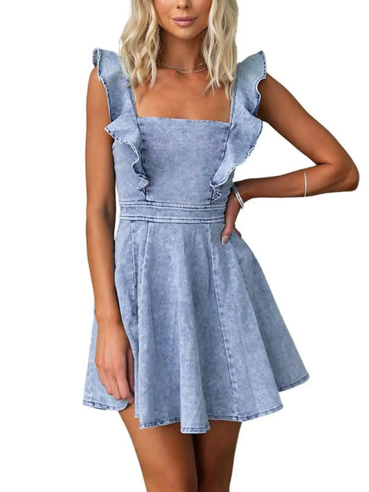 utcoco Women's Sexy Strappy Denim Babydoll Mini Dress - Sleeveless, Backless, Ruffled Trim, Adjustable Straps, Customized, Stylish Women's Wear, Night Out Clothes, Concert Wear, Summer Casual Apparel, Girly Feminine Items