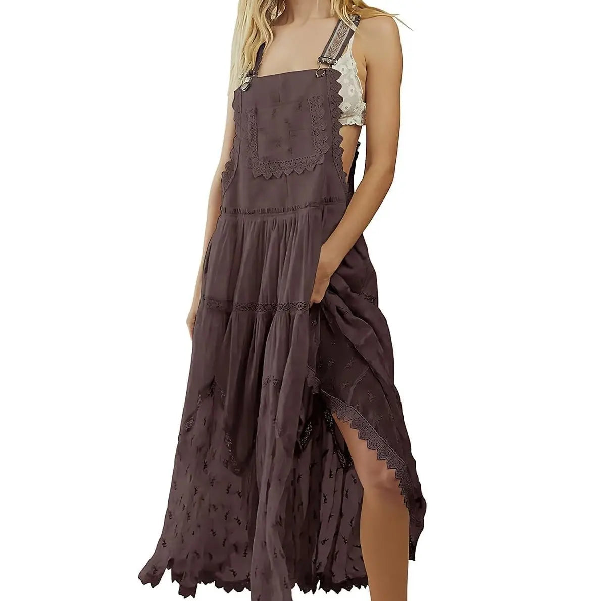 Ebossy Women's Basic Minimalist Sleeveless Laced Embroidered Tulle Bib Dress Casual Loose Adjustable Straps Maxi Dress Womenswear Boho Style