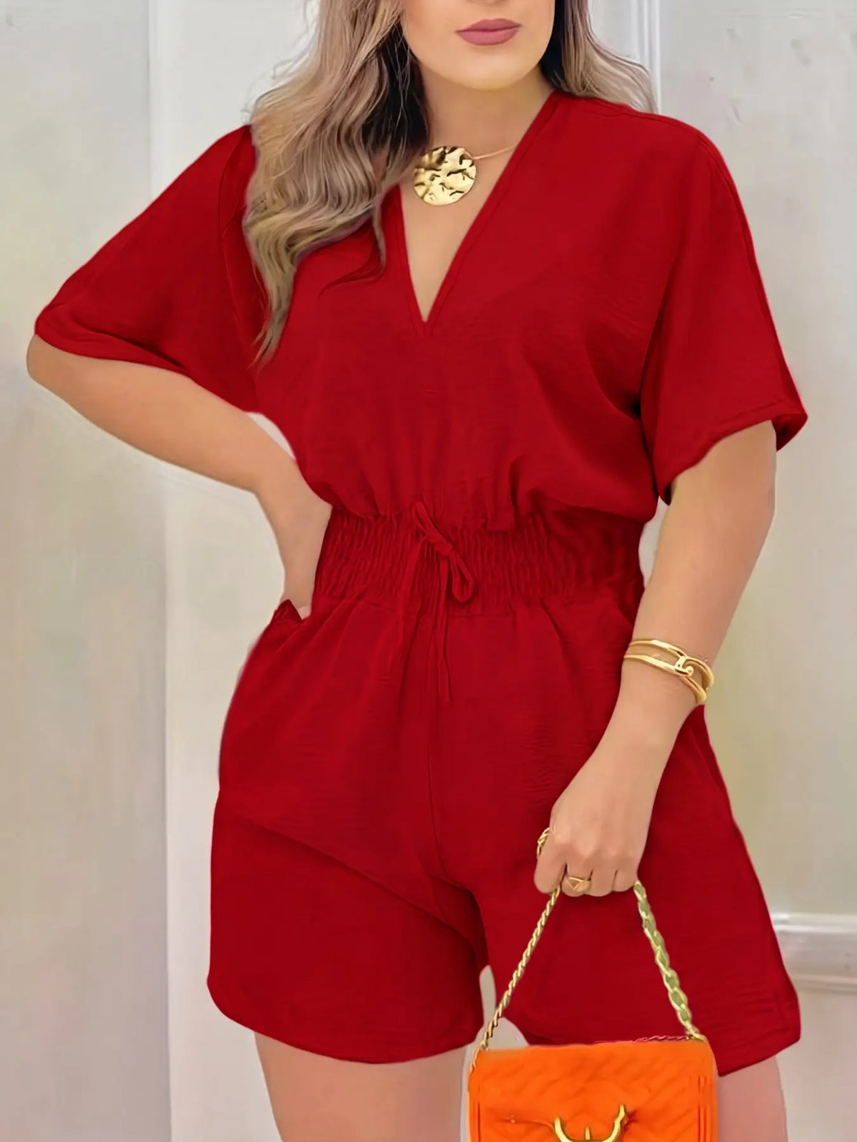 Women's Plain Drawstring Shirred Waist V Neck Romper, Casual Half Sleeve Zipper Back High Waist Romper for Summer, Fashion Women's Clothing for Daily Wear, Casual Rompers