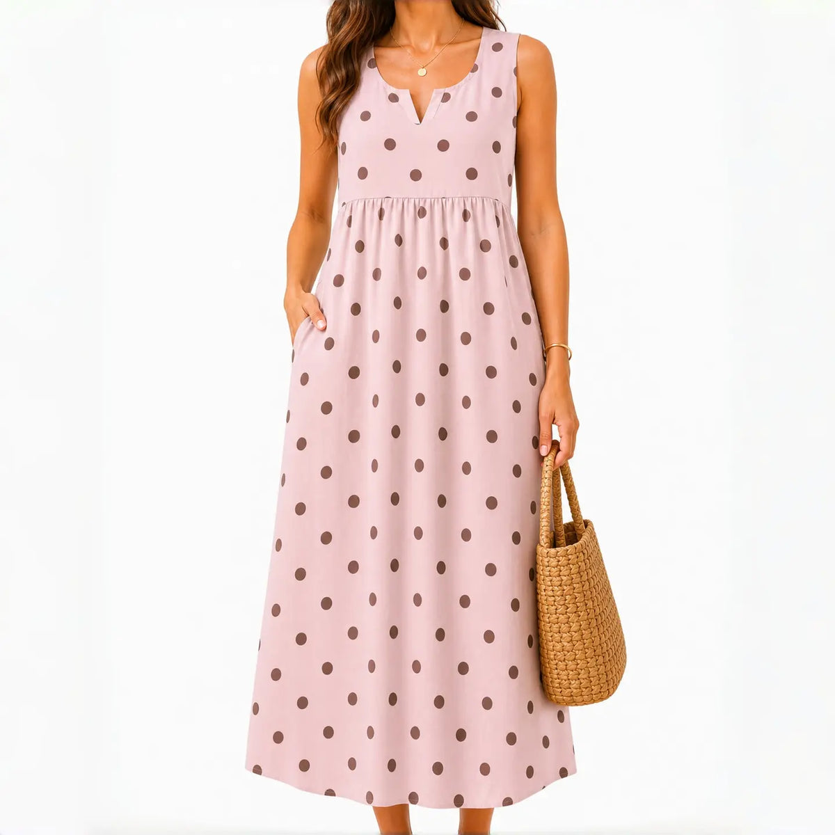 GLAMONIQUE Women's Brown Polka Dot H-Type Maxi Dress - Sleeveless V-Neck Spaghetti Strap, Lightweight Flowy, Side Slit, Adjustable Casual Wear for Outdoor, Vacation
