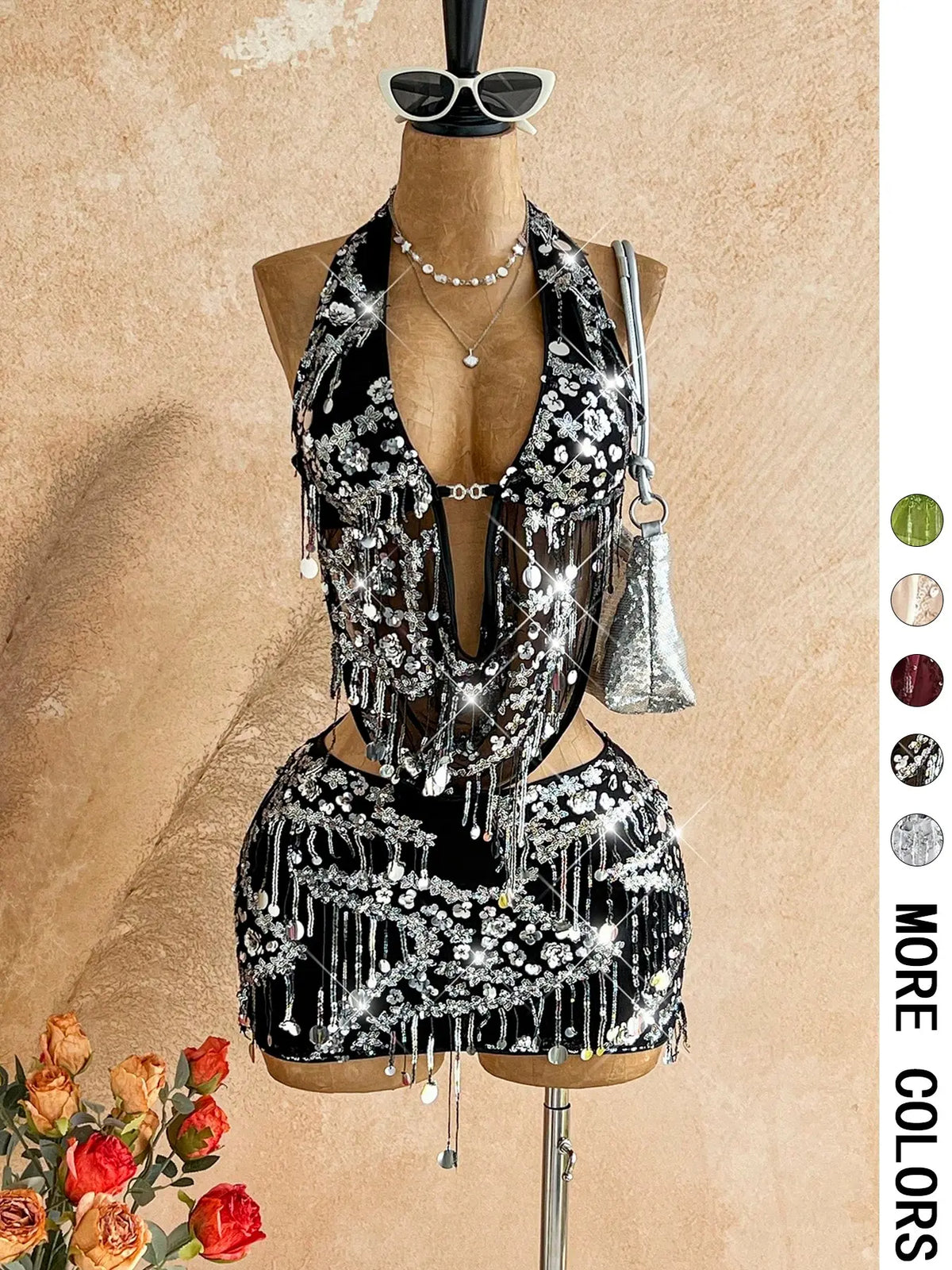 2 Halter Sequin Fringe Crop Top Mini Skirt Set Women | Mesh Sheer Two Piece Outfit | Y2K Party Nightclub Rave Wear Clothes