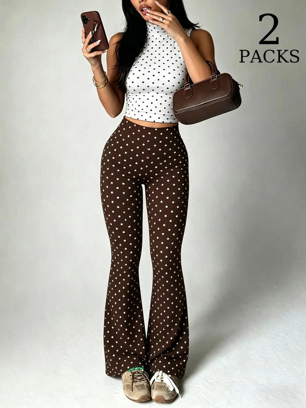 2 Pack Women Polka Dot 2 Piece Outfits, Sleeveless High Neck Crop Top and Flare Leggings Set, Seamless Bodycon Bell Bottom Pants, Trendy Summer Streetwear Outfits, Slim Fit Casual Loungewear for Daily Wear & Going Out Clothes