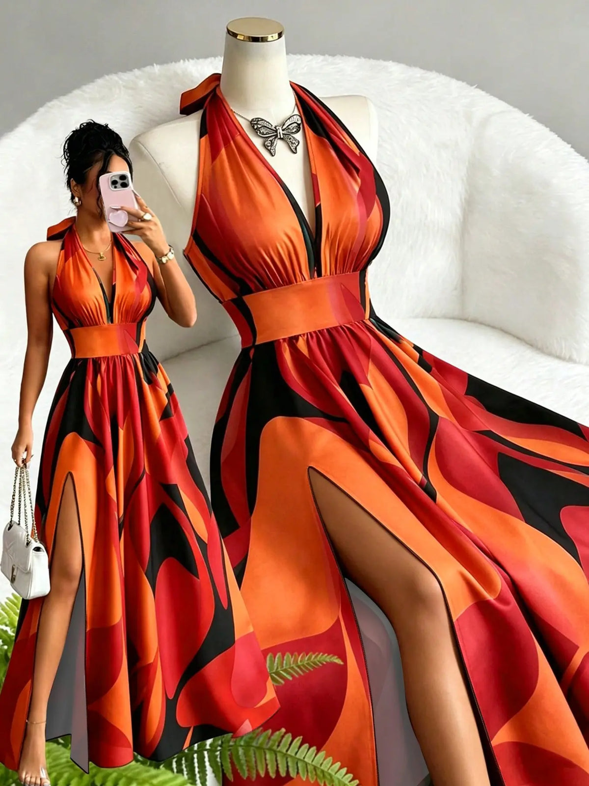 Printed Halter Long Dress, Deep V Neck Split Dress, Vintage Style, Sleeveless Backless, Beach Vacation, Summer New Arrival, Ff2608, Summer Dresses