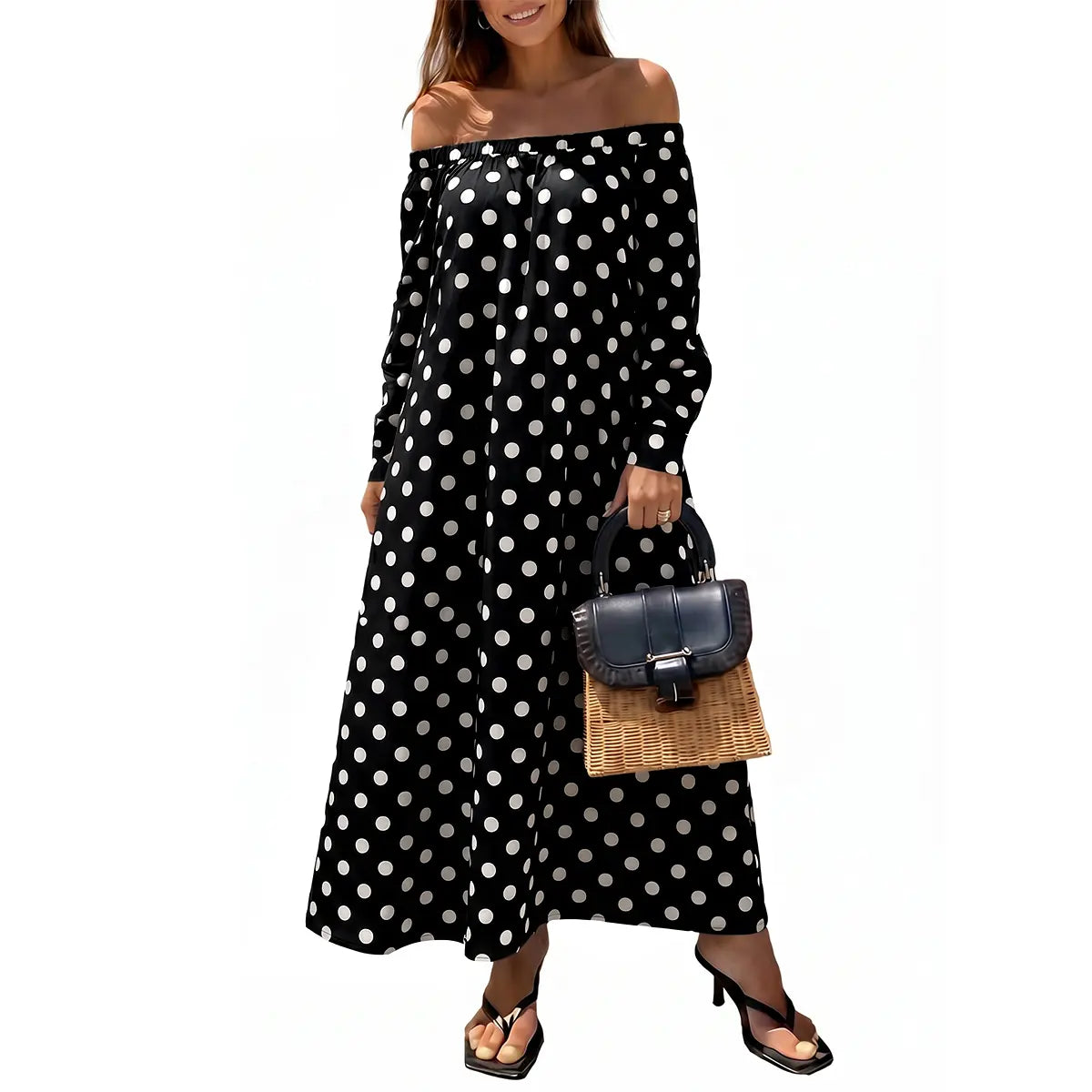 Florboom Women's Off Shoulder  Polka Dot Maxi Dress, Summer Causual Dress with Pockets for Vacation, Parties, and Beach,Summervibes Womenswear