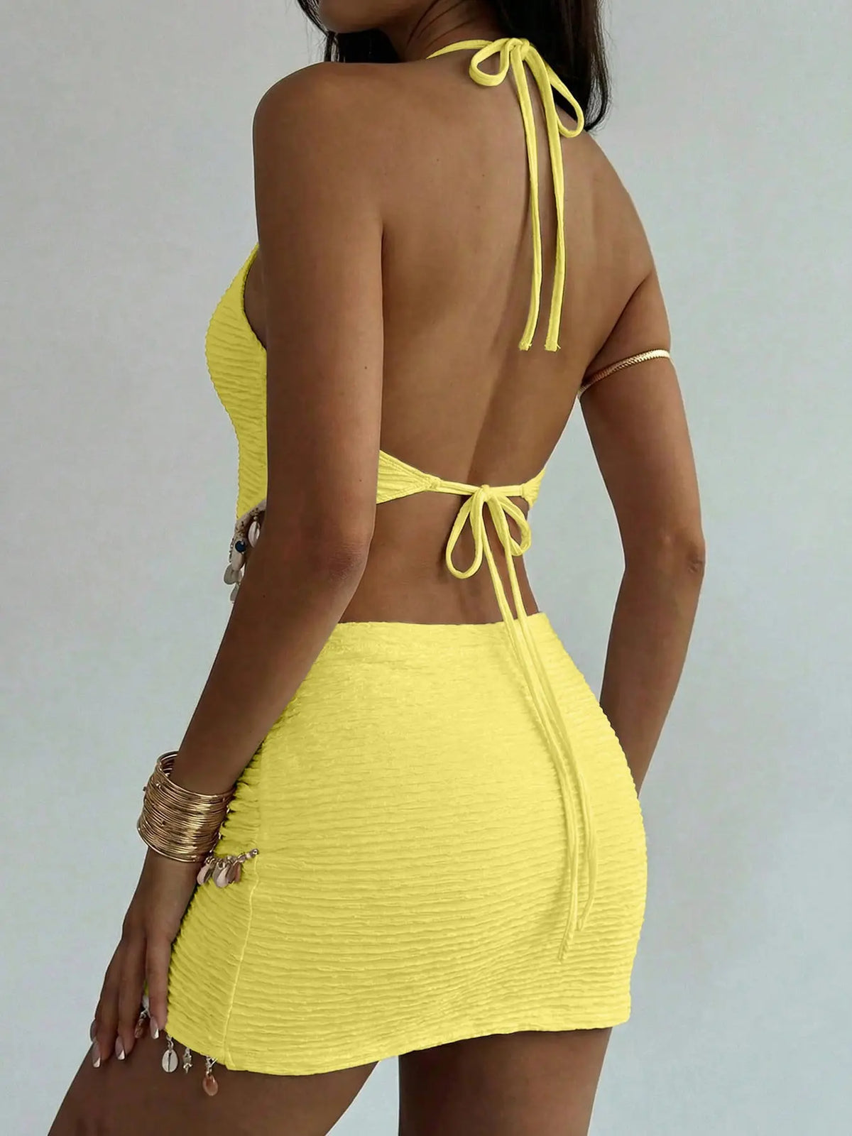 Women's Summer Beach Set, Textured Halter Top with Ruched Short Mini Skirt, Stylish Chic 2-Piece Beachwear Outfit, Perfect for Warm Weather