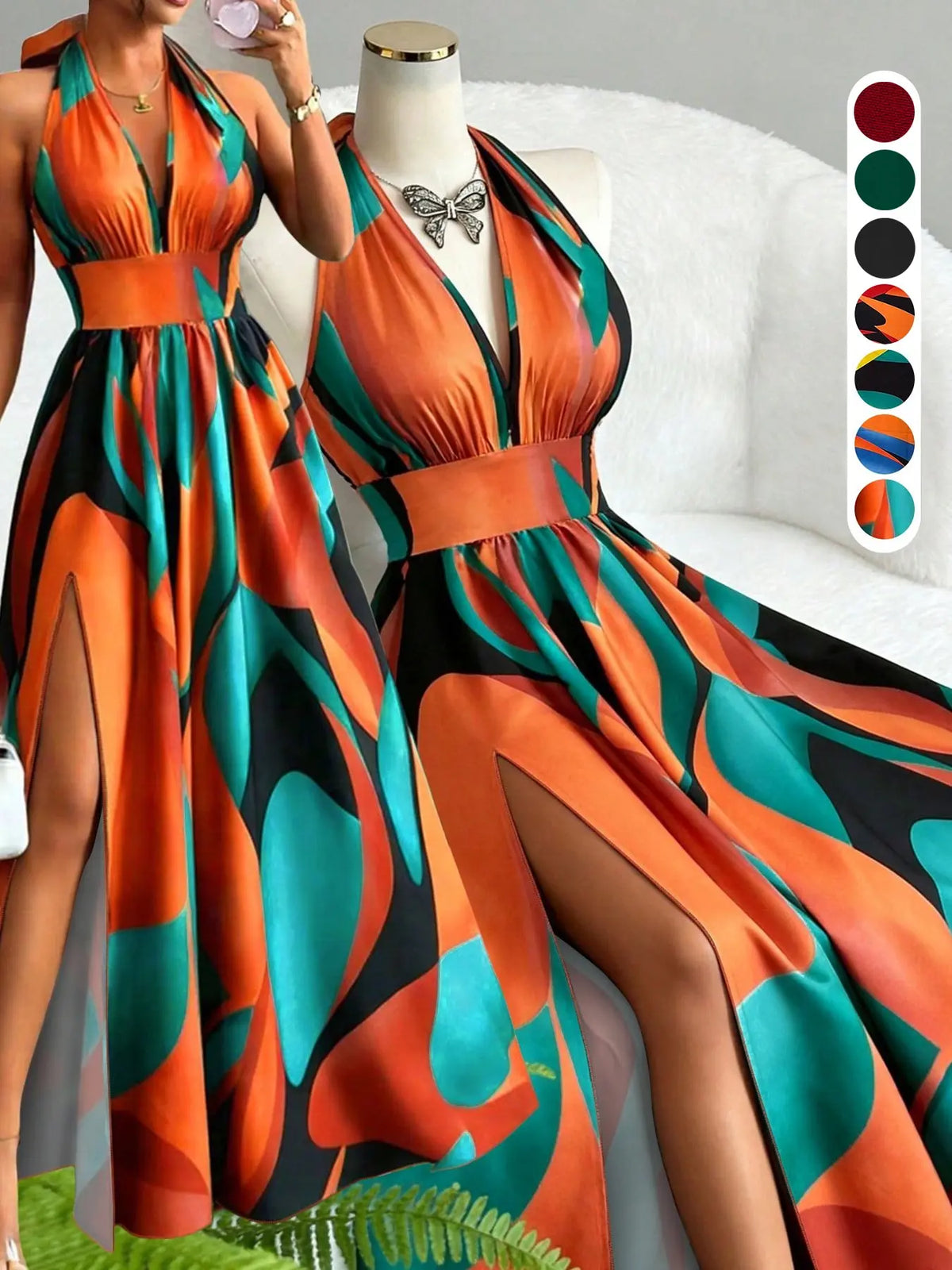 Printed Halter Long Dress, Deep V Neck Split Dress, Vintage Style, Sleeveless Backless, Beach Vacation, Summer New Arrival, Ff2608, Summer Dresses