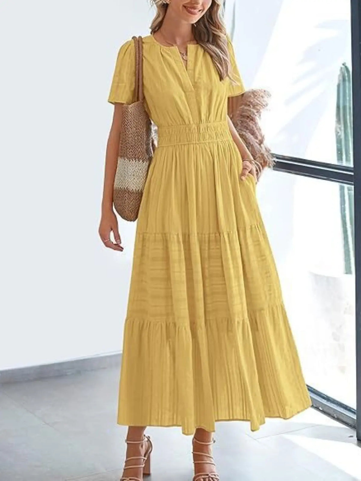 Women's Summer Solid Color Casual Long Dress, Lightweight Short Sleeve V-Neck Bohemian Style with Lining, Comfortable, Chic, Stylish and Elegant, Bohemian Aesthetic