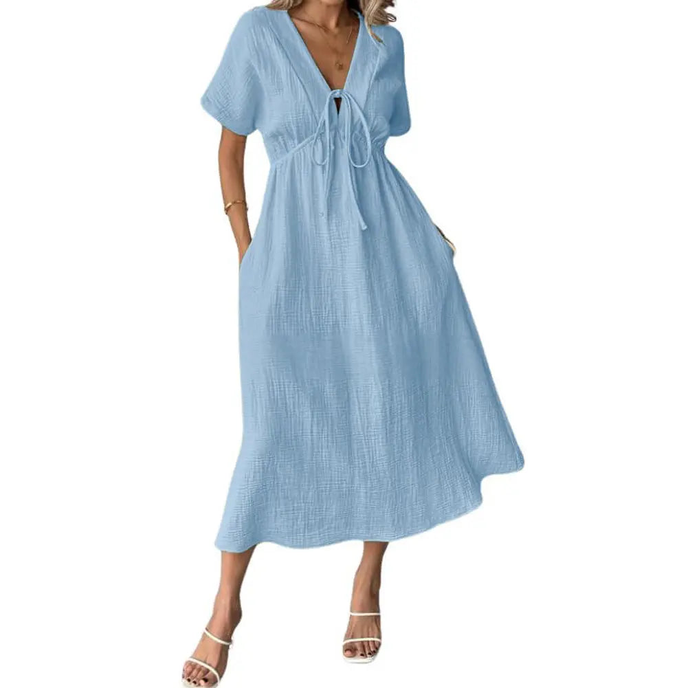 Chouyatou Women's Lightweight Solid Cotton Fabric Dress - V-Neck, Short Sleeve, Adjustable Drawstring, Elegant Bohemian Style, Loose Casual Beach Dress with Pockets, Casual Wear, Shortsleeve, Breathable, Lady, Fashion Apparel, Sun Dress, Beach Outfits