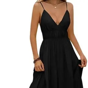 Yousify Women's Deep V-Neck Sleeveless Spaghetti Strap Boho Ruched Bust Maxi Dress - Casual Fashion Dress, Sleeveless for Easy Cooling, Brunch to Beach Wear, Tie Back, Minimalist Summer Basic