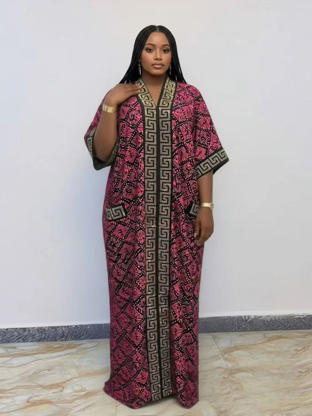 Plus Size African-Style Kaftan Dress for Women, Geometric Print Ethnic Loose V-Neck Boubou with Pockets for Casual Boho Chic Party Wear, Comfortable and Stylish, Bohemian Dress, Boho Dresses