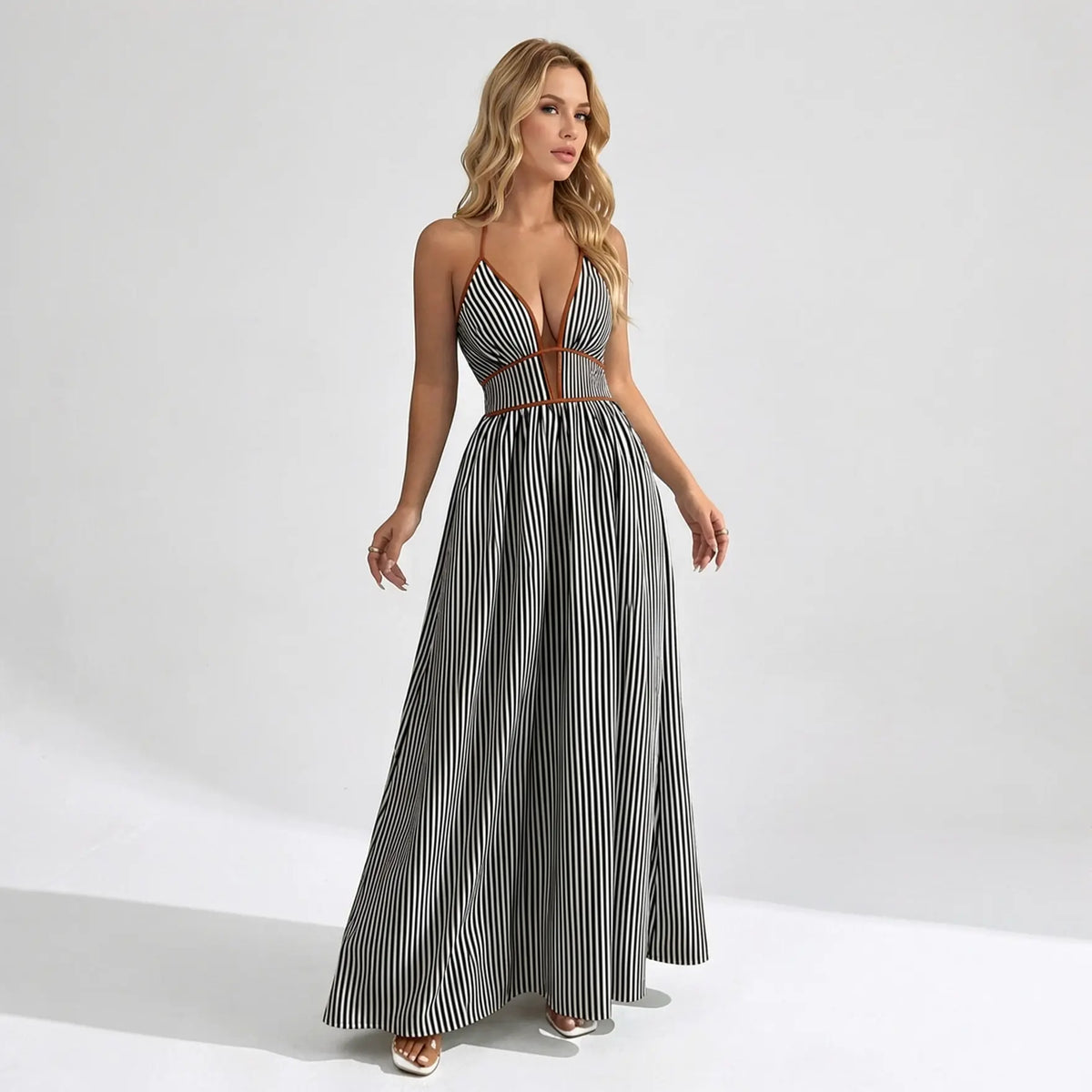 Katch Me Chic Women's Elegant Pinstripe Deep V Neckline Adjustable Halter Maxi Dress,  Summer Lightweight Dresses for Beach Holiday, Comfort Women's Clothing Vneck
