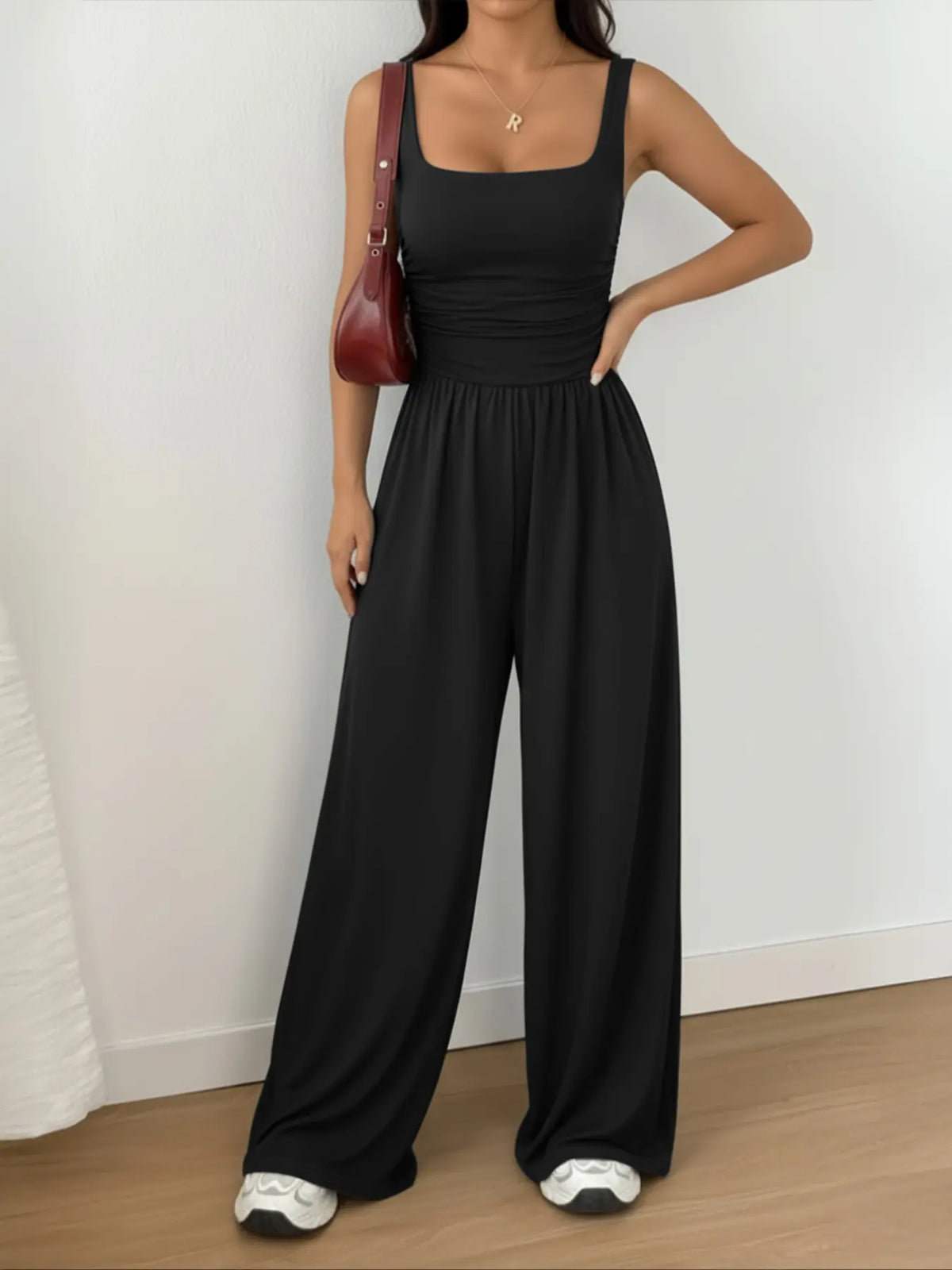 Women's Casual Fit Knitted Solid Square-Neck Jumpsuit, Basic, Fashionable, Comfortable, Soft and Versatile Wide-Leg Jumpsuit, Everyday Womenswear