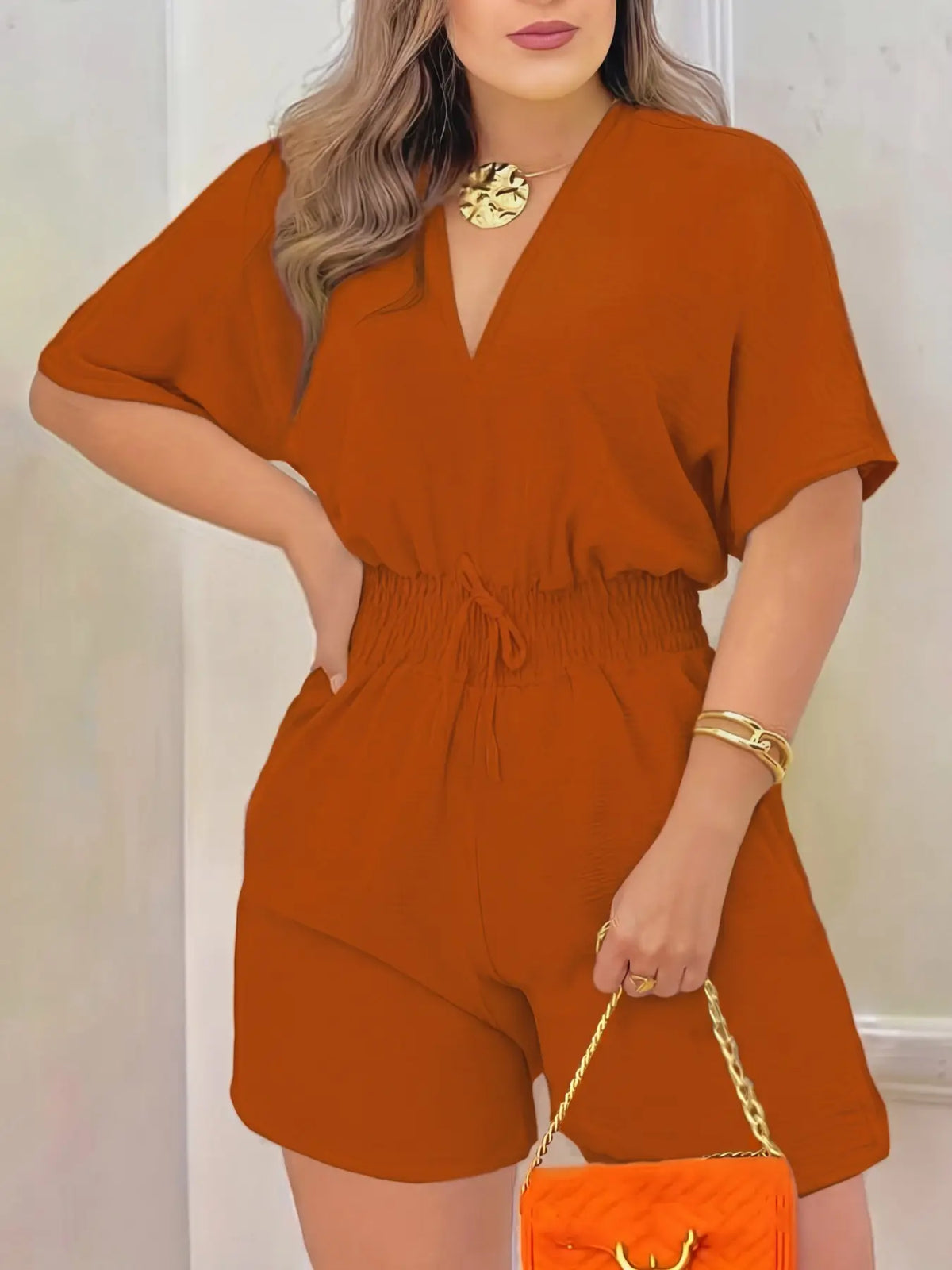 Women's Plain Drawstring Shirred Waist V Neck Romper, Casual Half Sleeve Zipper Back High Waist Romper for Summer, Fashion Women's Clothing for Daily Wear, Casual Rompers