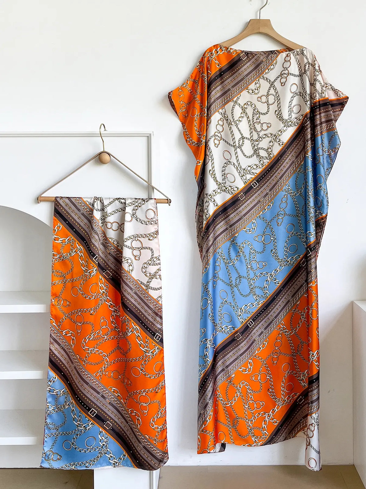 Elegant Dopamine Color Set, Boho Summer Chain Print Muumuu Long Dress Robe, Women's Sun Protection Satin Scarf Shawl