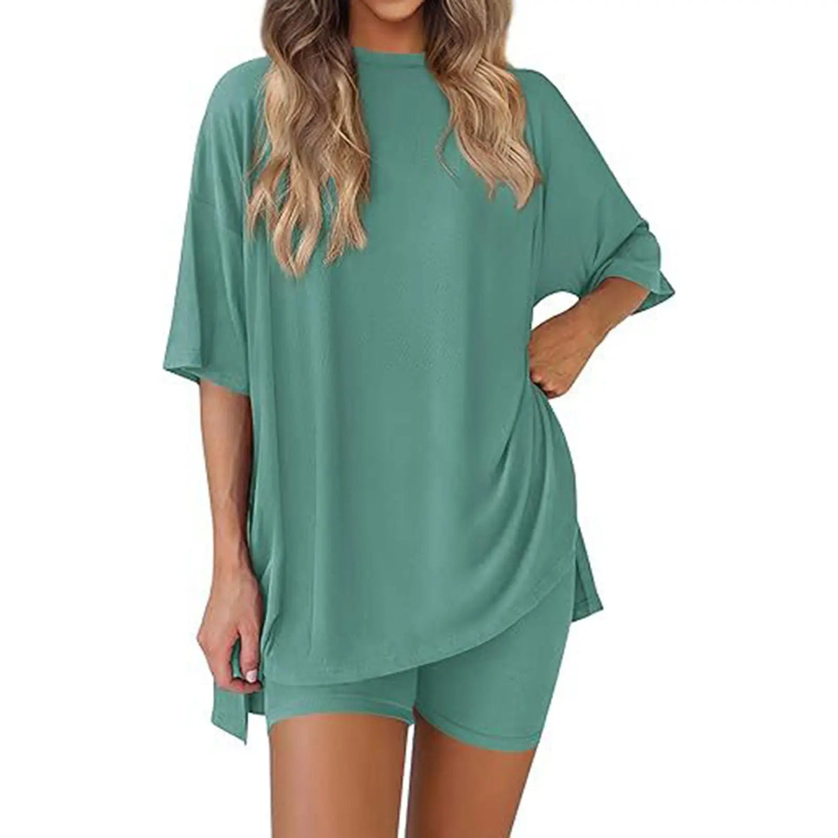 Women's 2-Piece Pajama Set, Loose-Fit Short Sleeve Crew Neck Top and Fitted Biker Shorts, Solid Color Polyester Spandex Loungewear