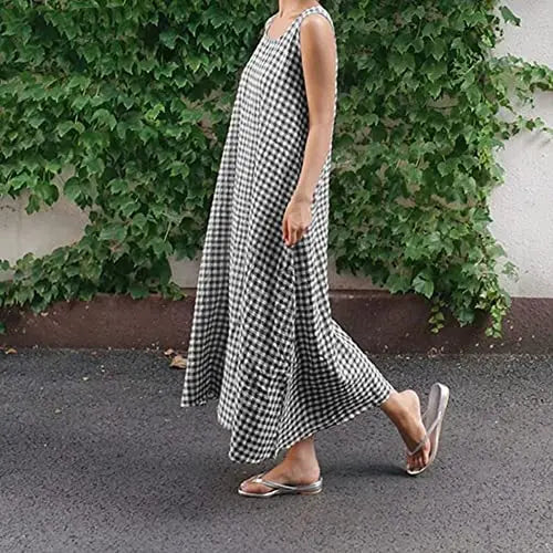 CHOUYATOU Boho Clothes for Women, Lady's Plaid Cotton Sundresses, Loose Fit Maxi with Spaghetti Straps and Pockets, Casual Wear, Chic, Sundresses For Women, Maxi Dress For Women
