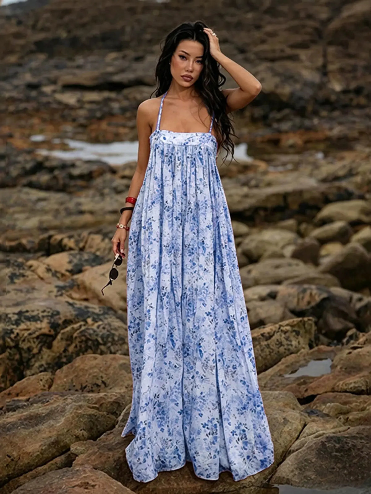 Women's Four-Season Loose-Fit Long Dress, Ditsy Floral Print Style, Ideal for Daily Wear and Vacation, Comfortable and Stylish, Floral Print Dresses