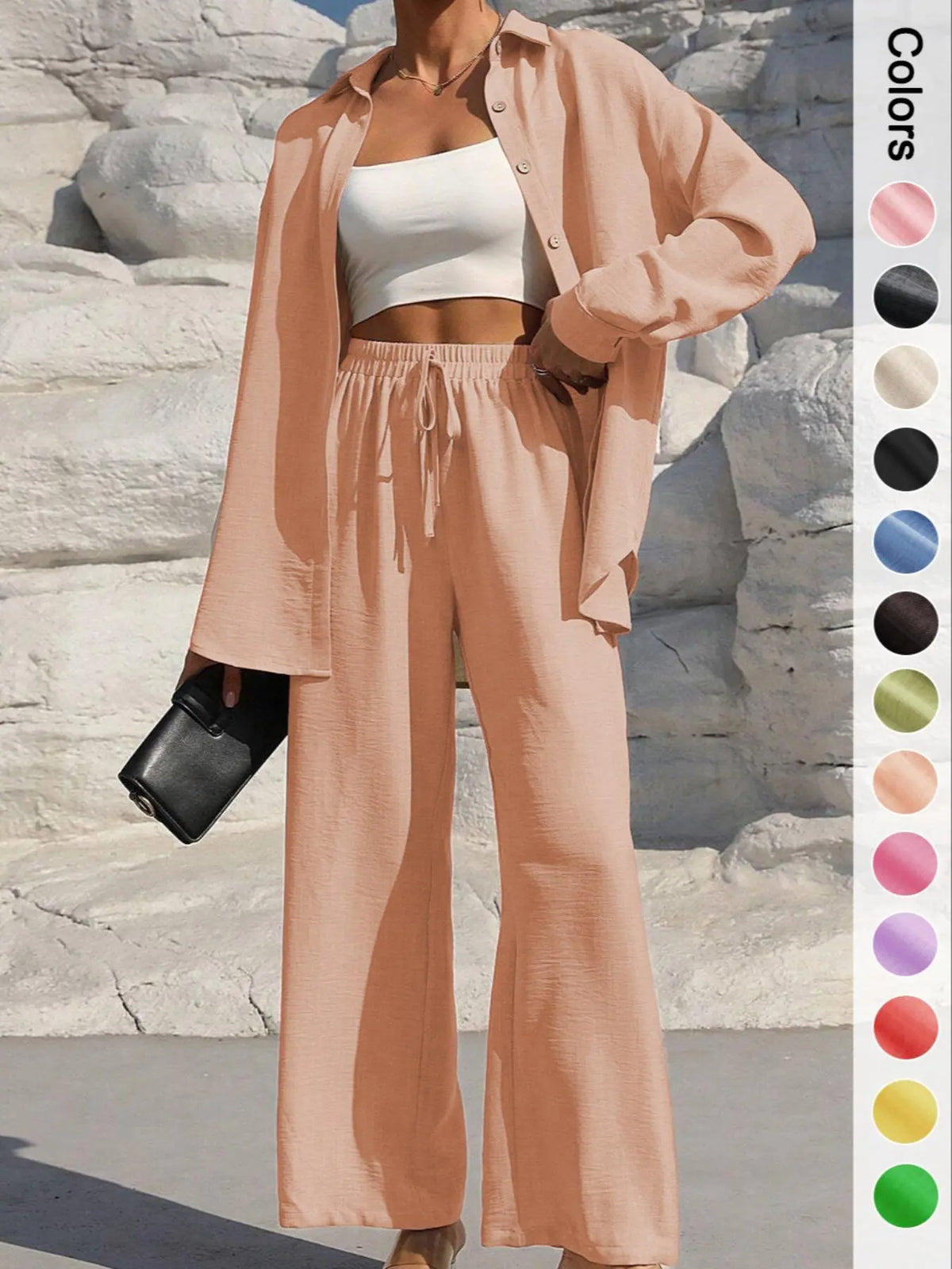 Women's Solid Button Front Shirt & Tie Front Wide Leg Pants Two-piece Set, Casual Drop Shoulder Long Sleeve Top & Trousers 2 Piece Set for Spring & Fall, Women's Clothes for Daily Wear, Casual Outfits Women, Casual Everyday Set