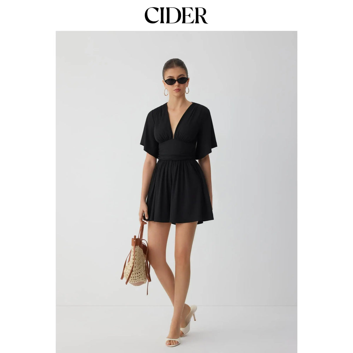 Cider Textured V-neck Ruched Mid Rise Bell Sleeve Ribbed Fabric Romper with Pockets Womenswear Basic Minimalist Jumpsuit
