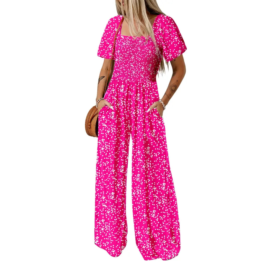Dokotoo Square Neckline Stretch Waistband Printed Jumpsuit - Womenswear Casual Chic Comfortable Summer Boho