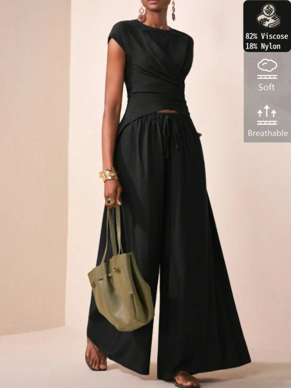 Women's Viscose Material Waist Cinched Sleeveless Blouse, Casual Minimalist Loose Long Pants Set, All Seasons Fashion Style, Pants Top Set