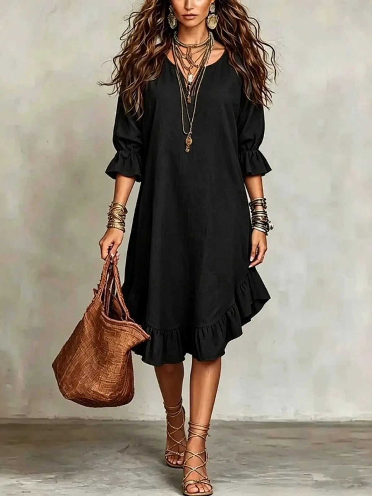 Boho-Style Bohemian Round-Neck Ruffle Three-Quarter-Sleeve Dress, Loose-Fit A-Line Midi Dress, Perfect for Summer Vacation, Chic, Comfortable and Stylish, Boho Style Dresses